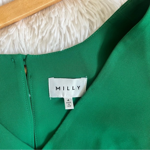 Milly Emerald Green Nicole Dress Size 4 V Neck Mini Sheath Ruffle 3/4 Sleeves - Picture 9 of 13